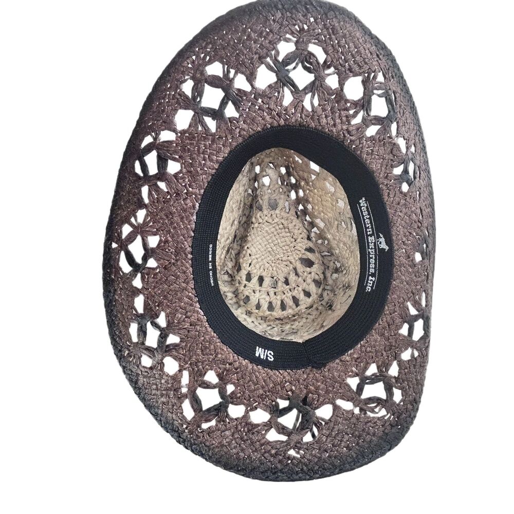 Woven Cowboy Cowgirl Hat S/M Brown White Leather Band Concho Unisex - Picture 8 of 10